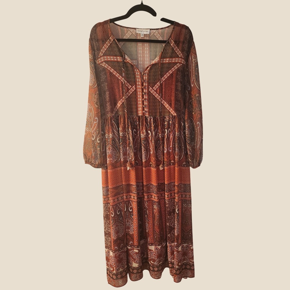 Gibson Latimer Paisley Boho Maxi Dress Rust 2X Autumn Cottagecore Western